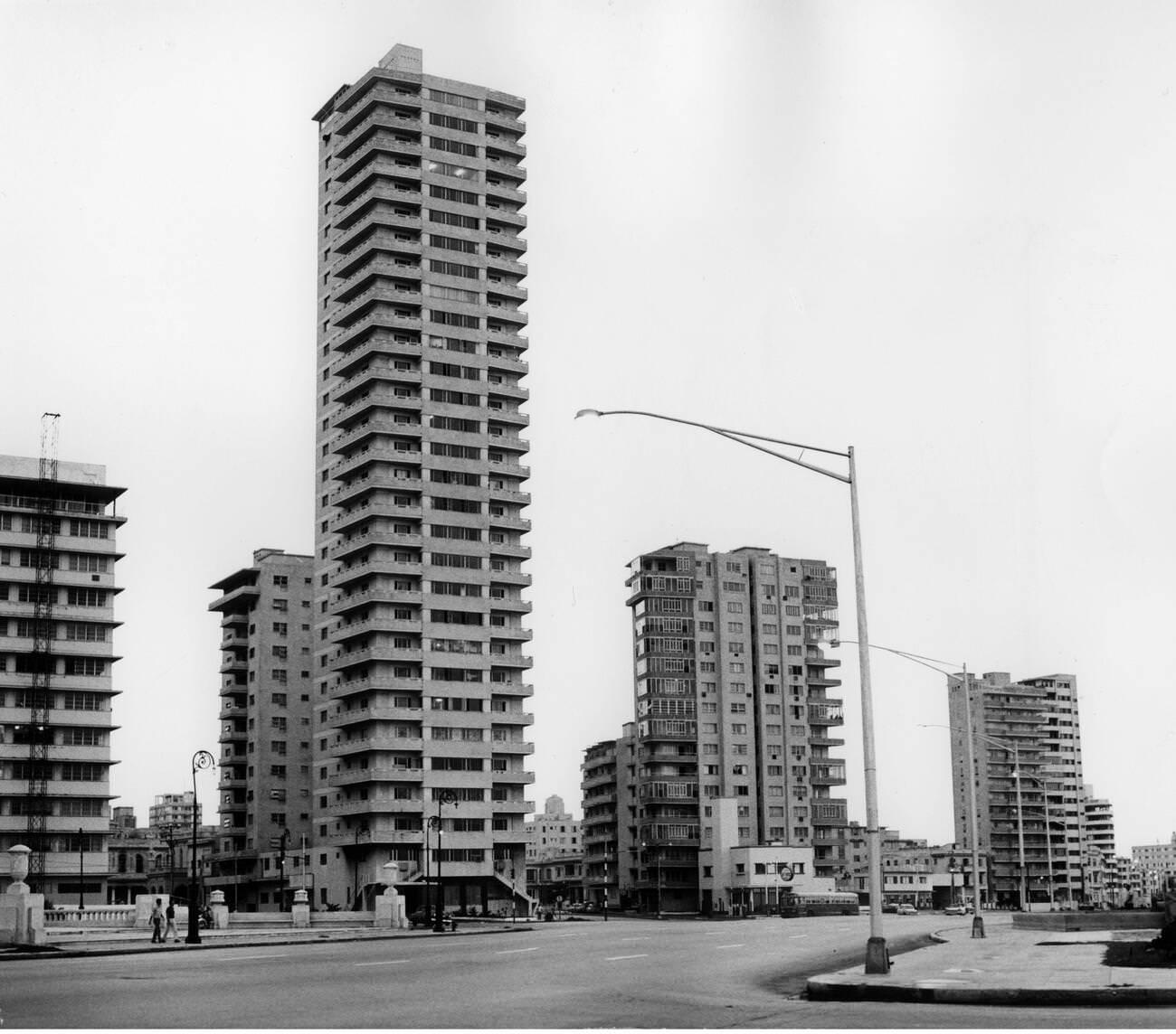 Cuba, Havana, buildings, modern residential houses, Malecon, August 1971,