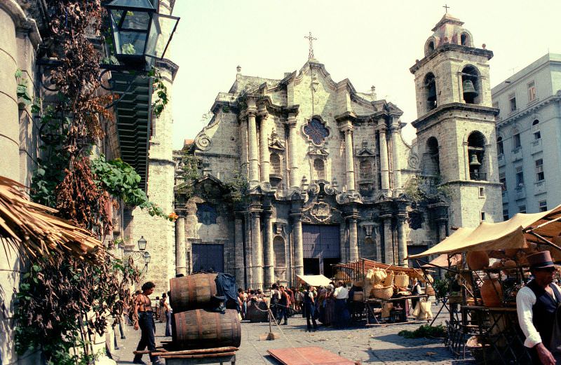 Filming in Cathedral Square, Havana, 1981