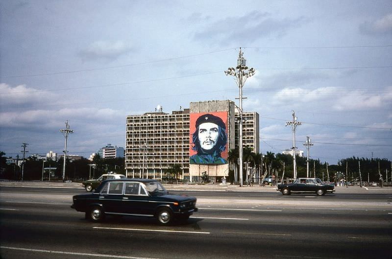 View of the Ministry of the Interior building, decorated by a large mural of Che Guevara, in Plaza de la Revolucion, Havana.