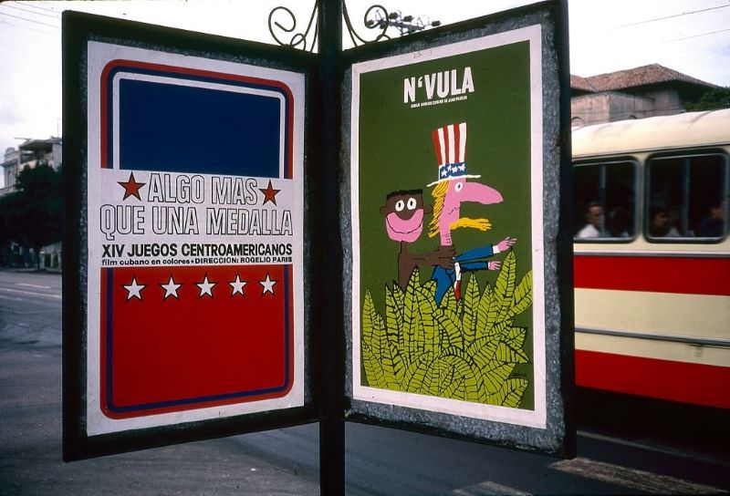 A pair of posters near a bus stop at the Plaza de la Revolucion, Havana.