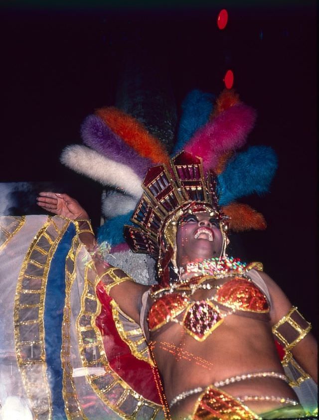 Low-angle view of a costumed dancer at the Cabaret Tropicana, Havana.