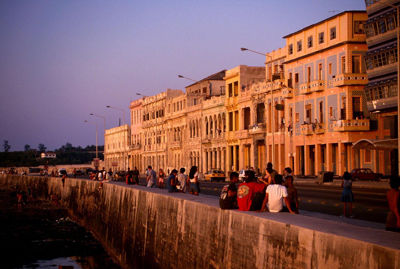 City promenade Malecon at dusk in Havana, Cuba, 1990.