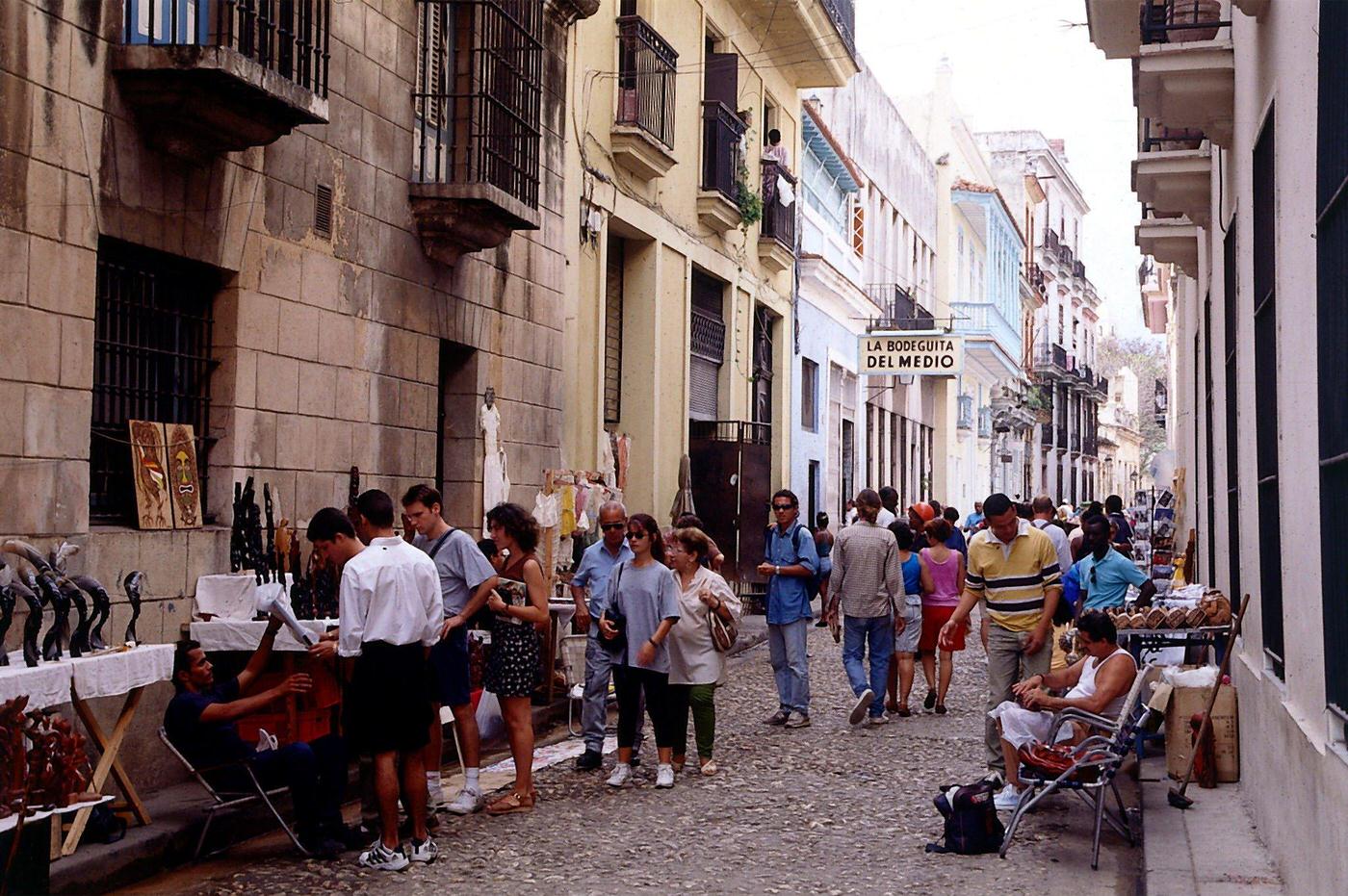Old town scene with the entrance to "Bodeguita del Medio" in Havana, Cuba, 1997.