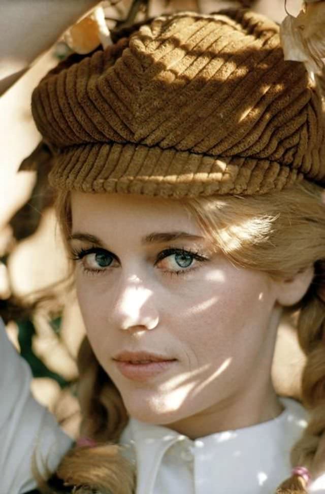 Jane Fonda in corduroy cap, Brittany, France, 1967