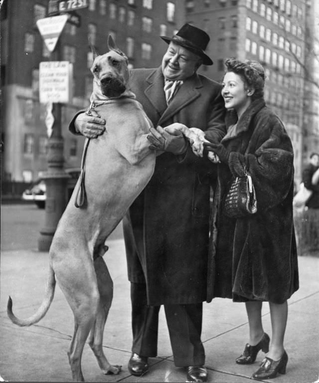 Metropolitan Opera singer Lauritz Melchior with his wife and their Great Dane, 1944.