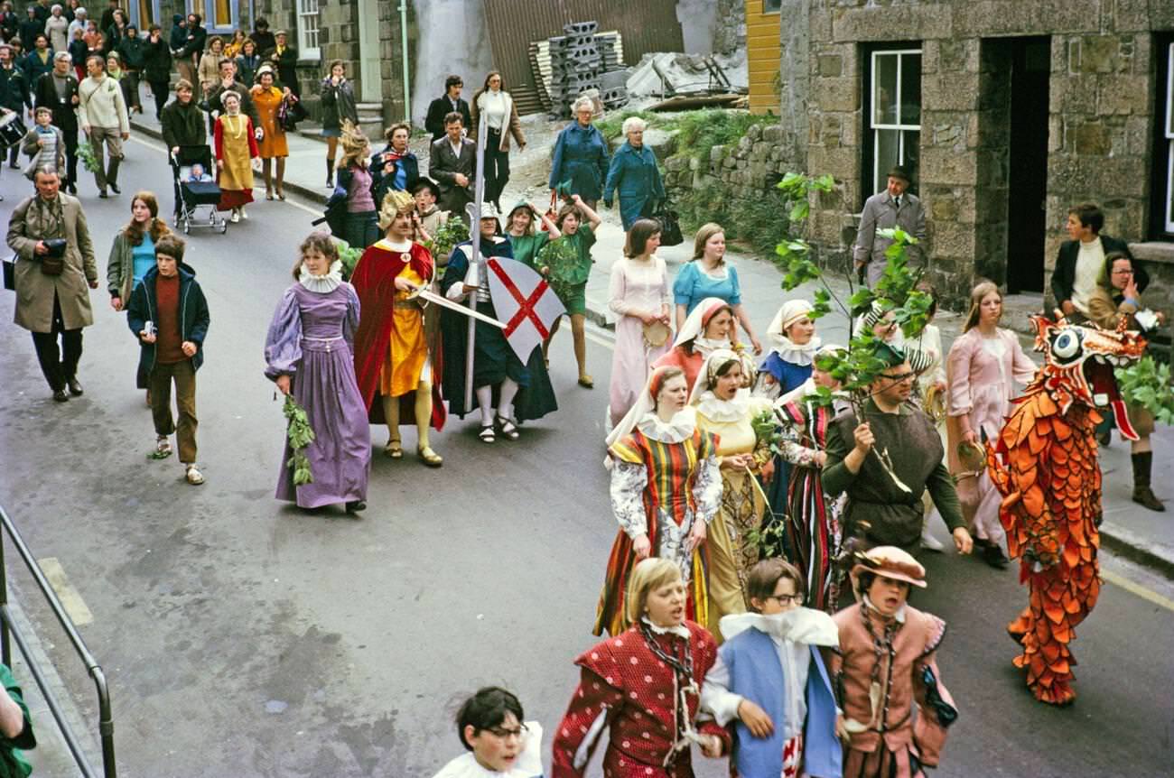 Flora Day, Hal-al-Tow ceremony, Helston, Cornwall, 1973