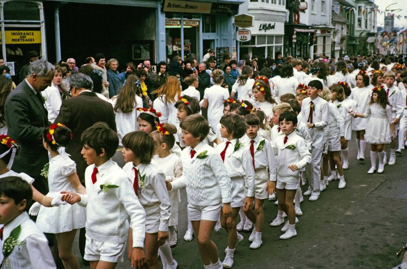 Flora Day, Furry dance, Children's procession dance, Helston, Cornwall, 1973