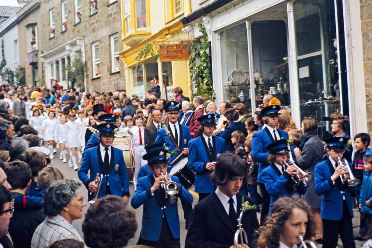 Flora Day, Furry dance, Children's procession dance, Helston, Cornwall, 1973