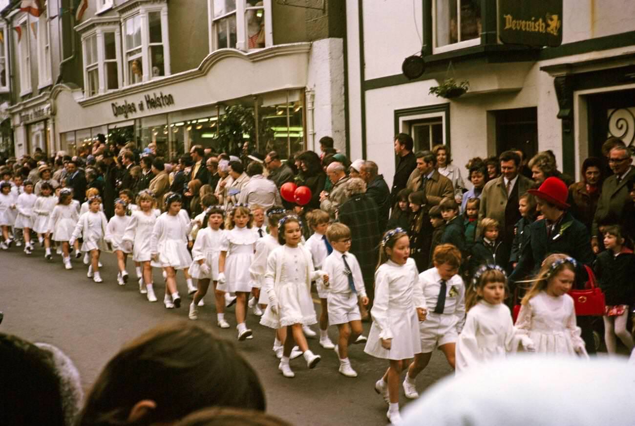 Flora Day, Furry dance, Children's procession dance, Helston, Cornwall, 1973