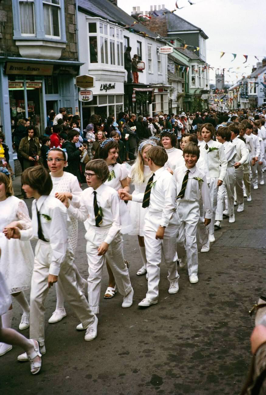 Flora Day, Furry dance, Children's procession dance, Helston, Cornwall, 1973