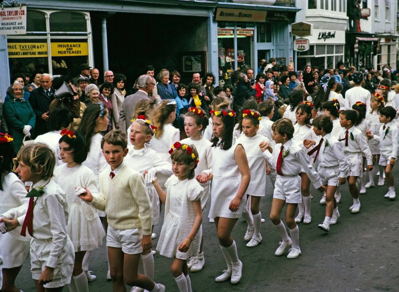 Flora Day, Furry dance, Children's procession dance, Helston, Cornwall, 1973