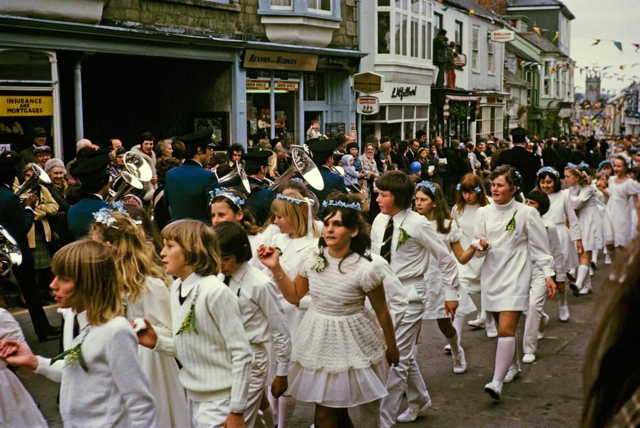 Flora Day, Furry dance, Children's procession dance, Helston, Cornwall, 1973