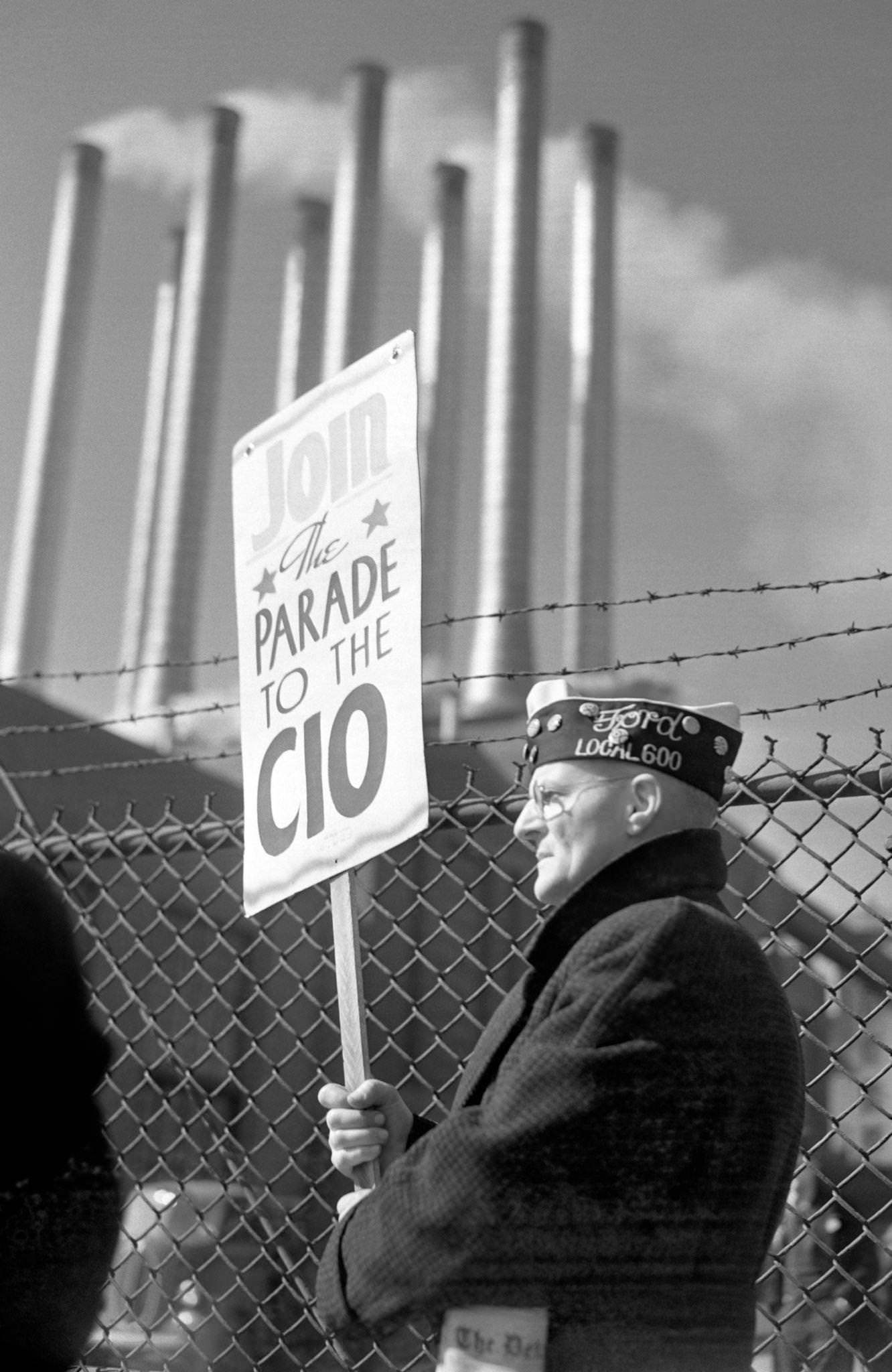 A man walks the picket line during the Ford Motor Company Labor strike at the Ford River Rouge complex in Dearborn, Michigan, April 11, 1941.