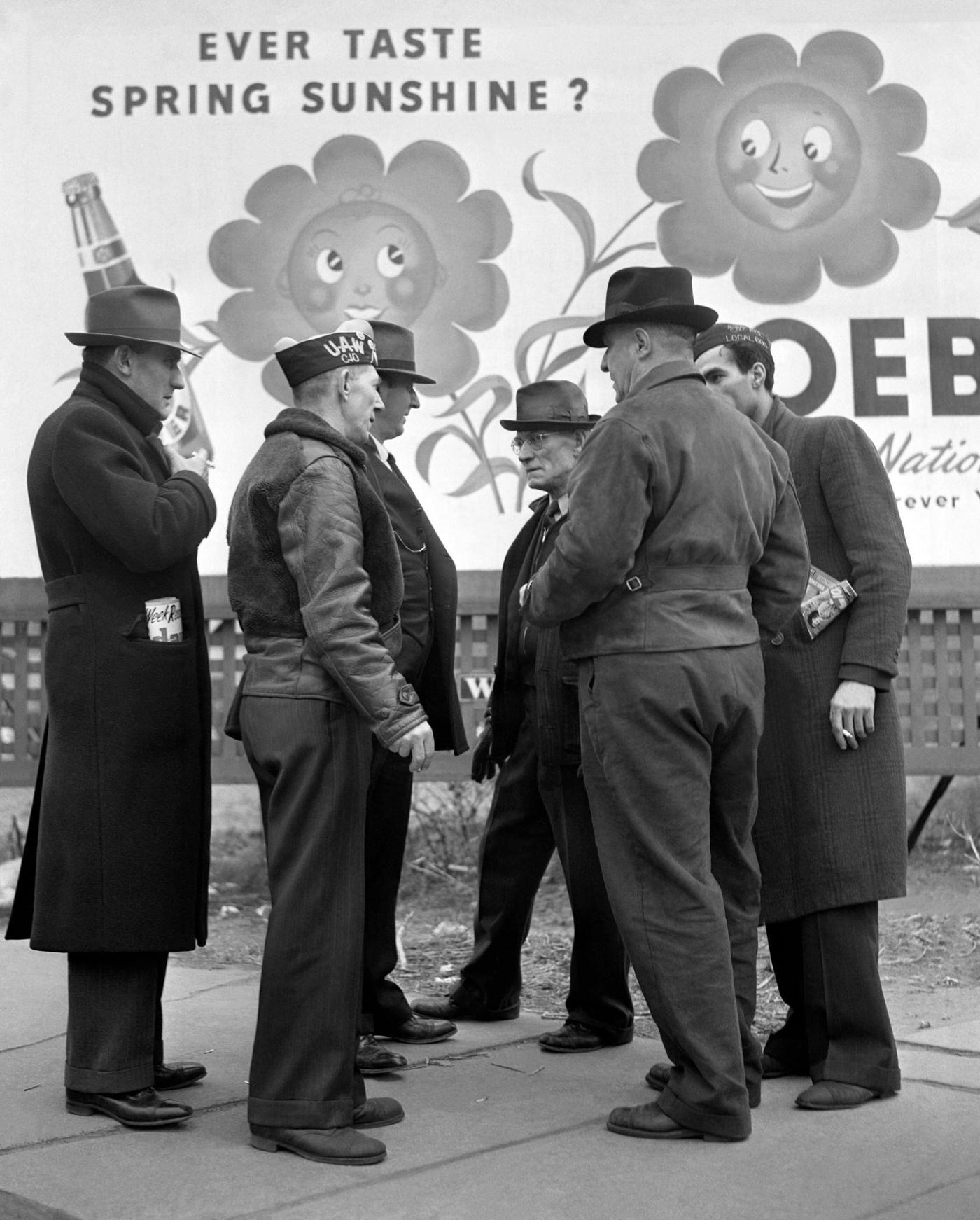Members of the United Auto Workers (UAW) union meet during the Detroit Ford Motor Company Labor strike in Dearborn, Michigan, April 1941.