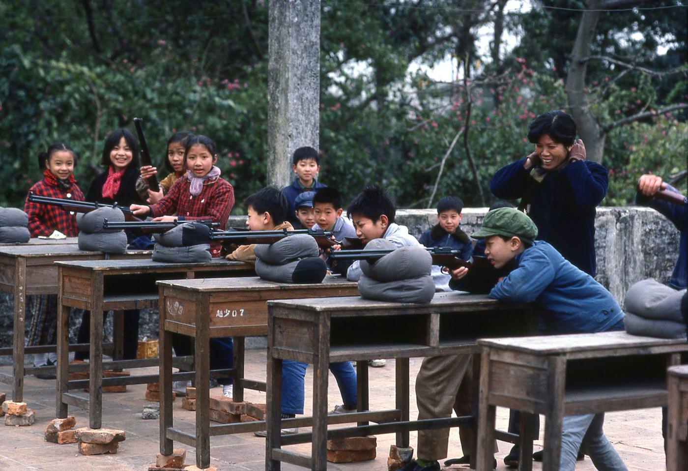 Elementary School Children Practice shoot at Targets in Guangdong, 1979
