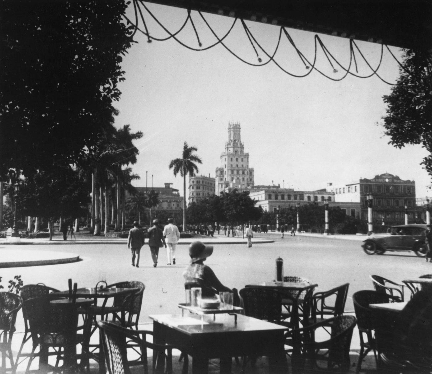 A view from the Santiago Cafe towards the telephone buildings in Havana, capital of Cuba, 1930