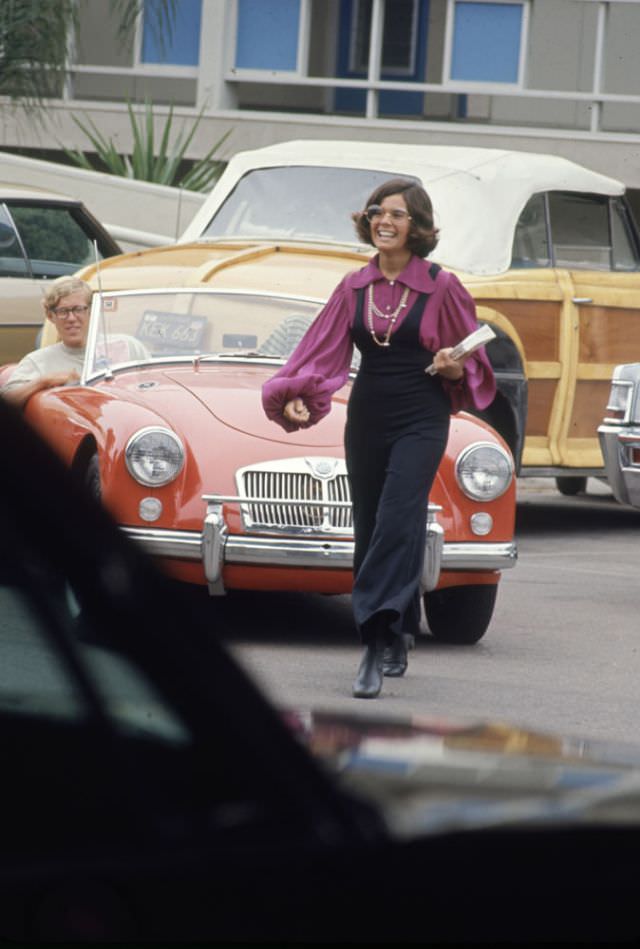 High schooler Lenore Reday stopped traffic while wearing a bell-bottomed jump suit in Newport Beach, 1969.