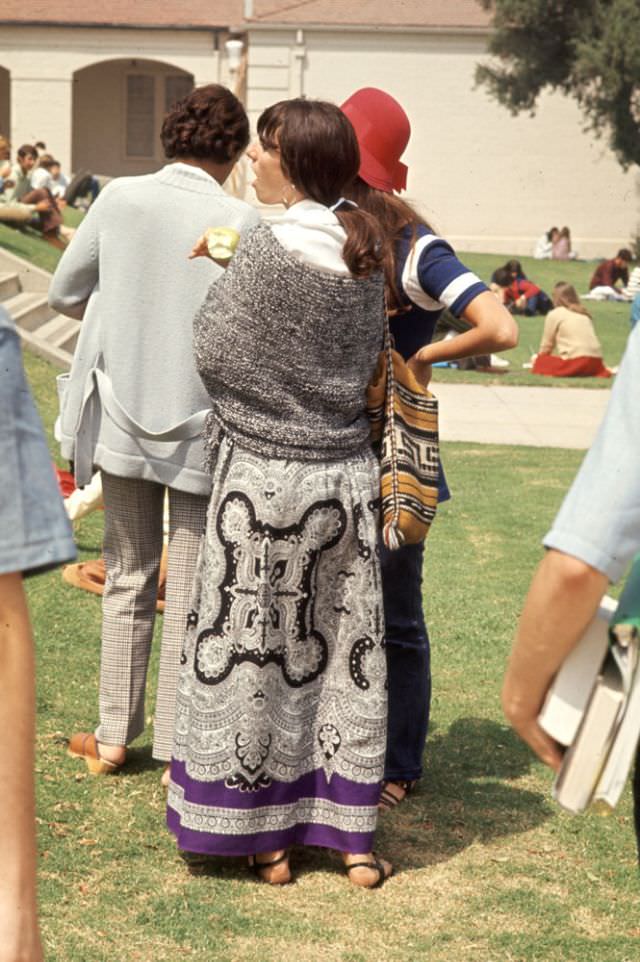 A Southern California high school student wore an old-fashioned tapestry skirt and wool shawl, 1969.