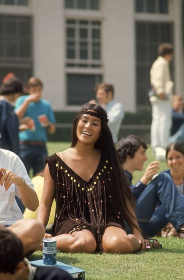 Student Rosemary Shoong at Beverly Hills High School, wearing a dress she made herself, 1969.