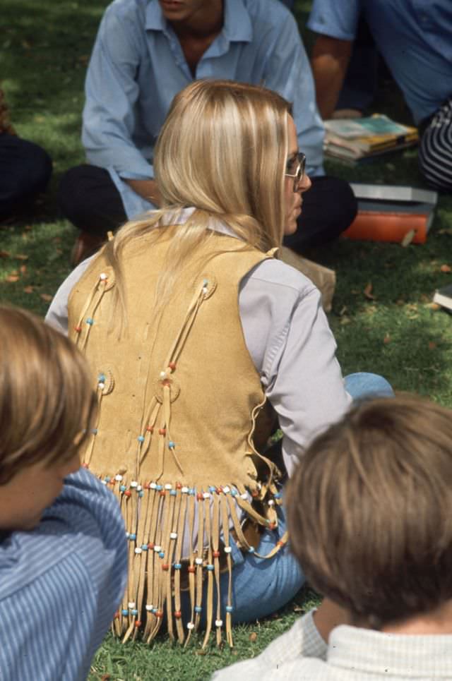 A Southern California high schooler wore a buckskin vest and other hippie fashions, 1969.