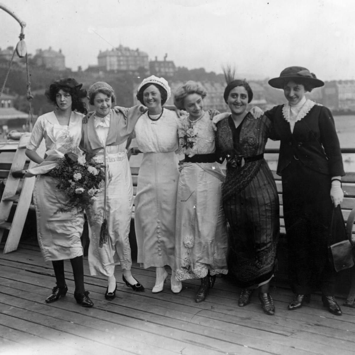 Contestants in an International Beauty Show from; left to right, Misses England, France, Denmark, Germany, Italy and Spain, on Folkestone Pier. August 23, 1913.