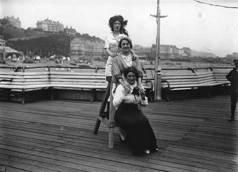 The prize winners at the International Beauty Show at Folkestone posing on the pier: Miss Constance Clark (top), Mlle Simone Mariex and Myrtle Grove.
