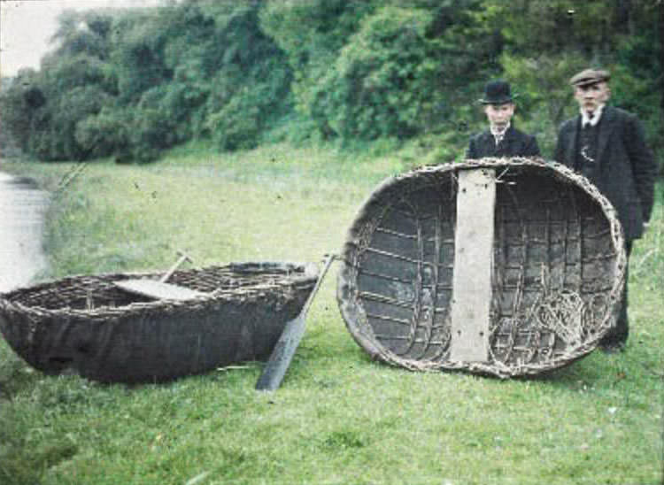 Witnessing the artistry of two skilled men as they craft coracles on the picturesque River Boyne at Oldbridge, June 1913