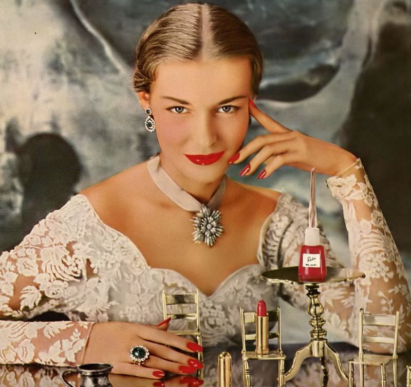 Liz Pringle, Revlon's lipstick and nail enamel ad, Harper's Bazaar, September 1950