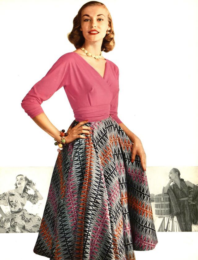 Liz Pringle in batik print on Celanese silk surah skirt and jersey blouse by Lotte of Drewyn, Harper's Bazaar, December 1951