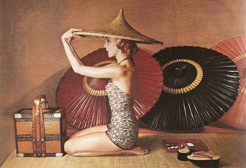Liz Pringle in a Carolyn Schnurer bathing suit in pattern of a Japanese paper box, January 1952