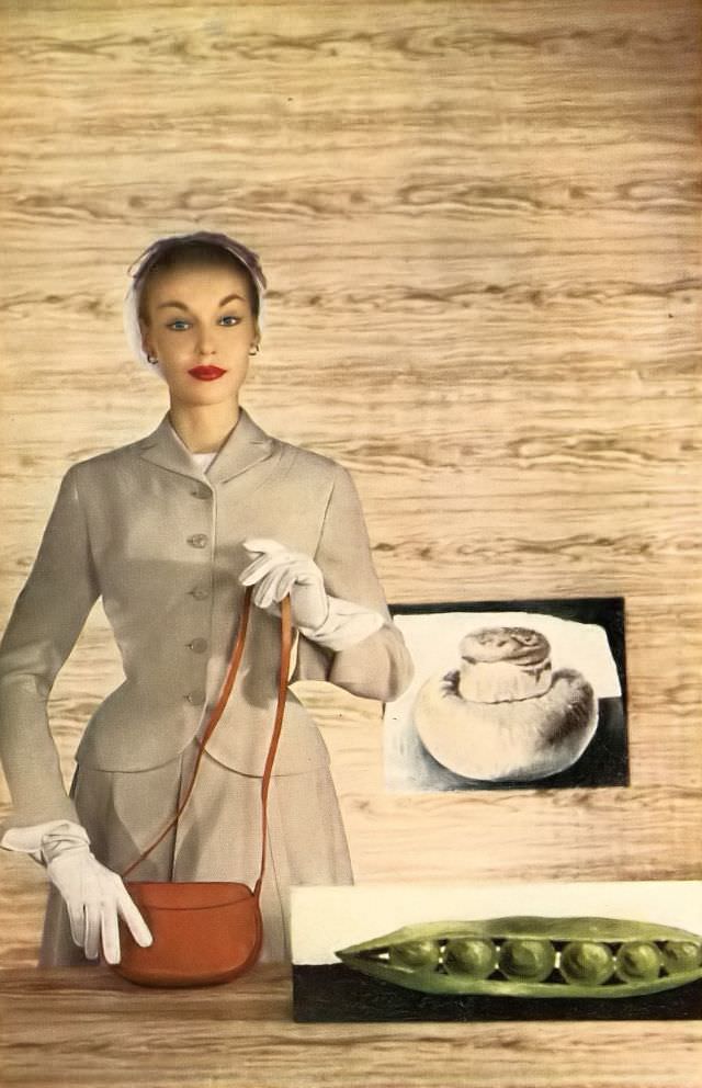 Liz Pringle in sand-colored suit in pacific worsted with the texture of shantung by Glenhunt, pigskin bag by George Morris, beret by Suzy, February 1952