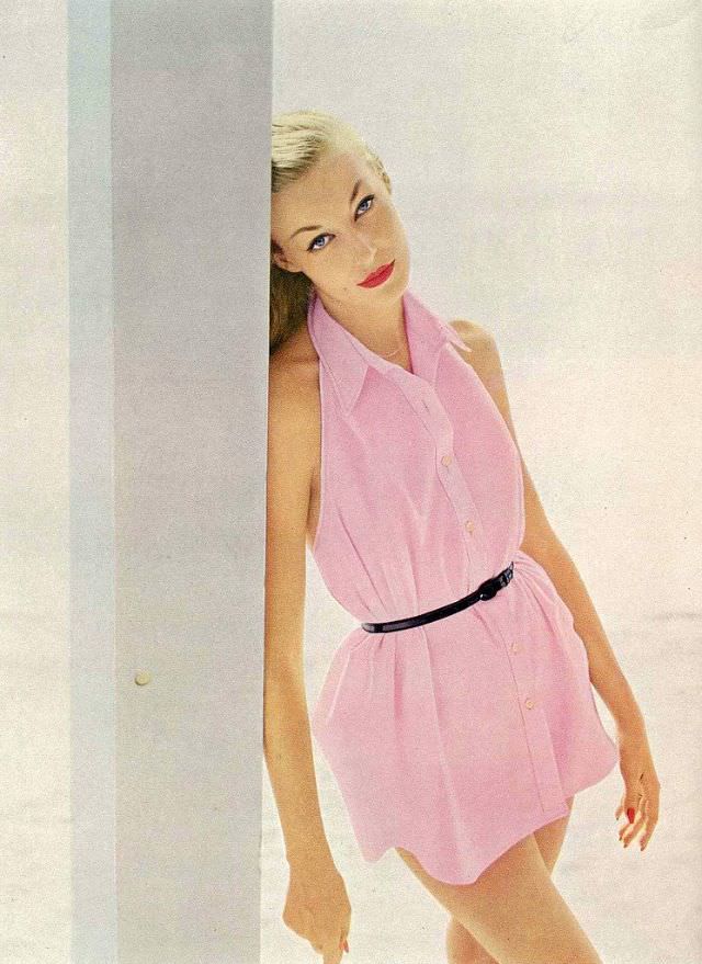 Liz Pringle in pink halter-neck shirt by Carolyn Schnurer, Vogue, November 1953