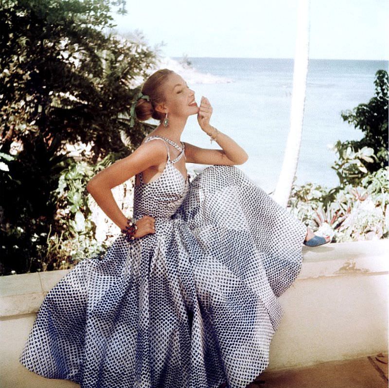 Liz Pringle in blue and white silk print summer dress by Sophie Original, 1954