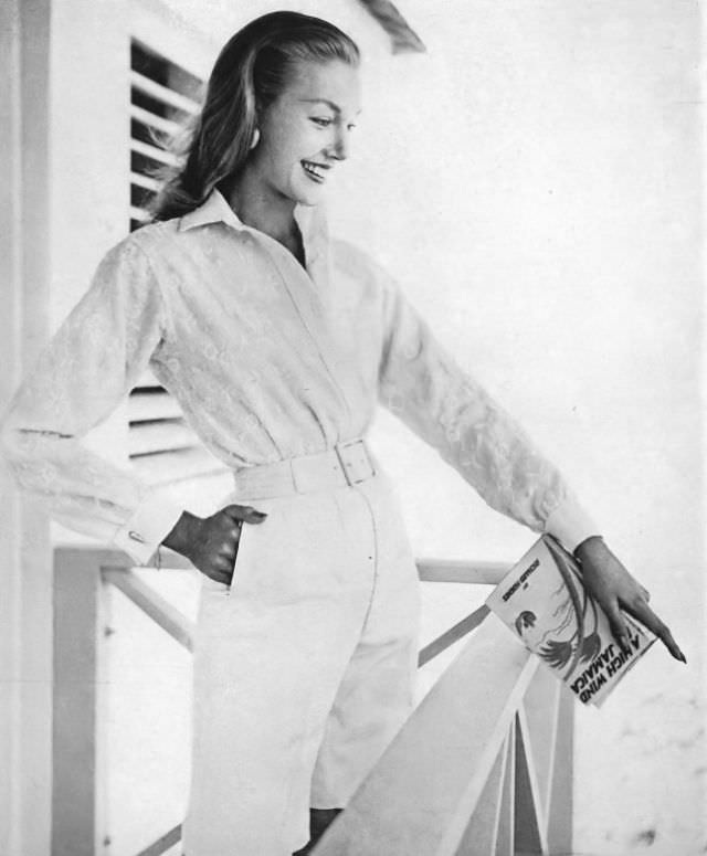 Liz Pringle in linen embroidered shirt and knee-length linen shorts, June 1954