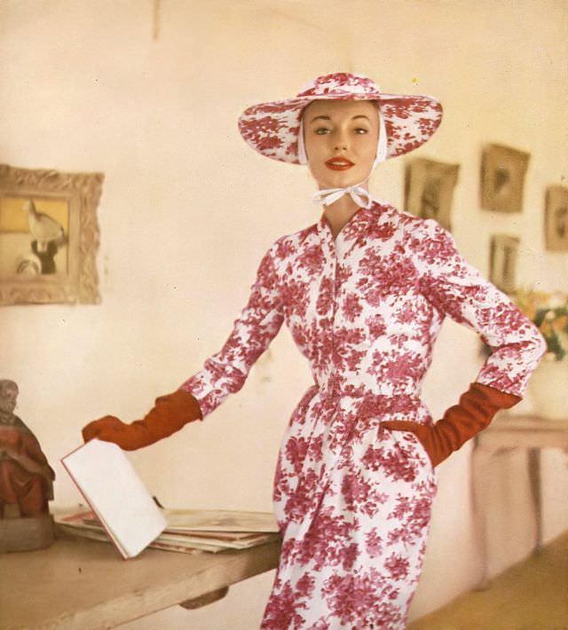 Liz Pringle in floral print silk twill dress and jacket by Mollie Parnis, baby cap with same print cartwheel by Emme, April 1955