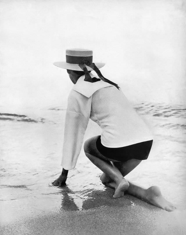 Liz Pringle in white sharkskin Gondolier's shirt by B.H. Wragge, May 1956