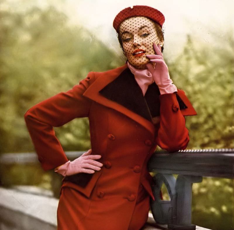 Liz Pringle in Botany brand fabric coat designed by Philip Mangone, Harper's Bazaar, August 1950