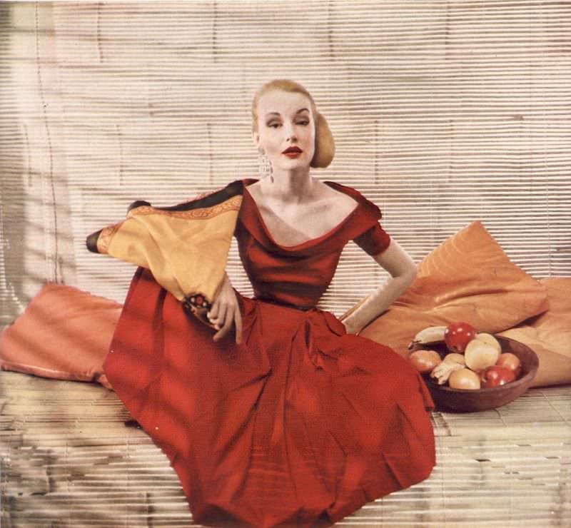 Liz Pringle in red silk shantung dress, June 1950