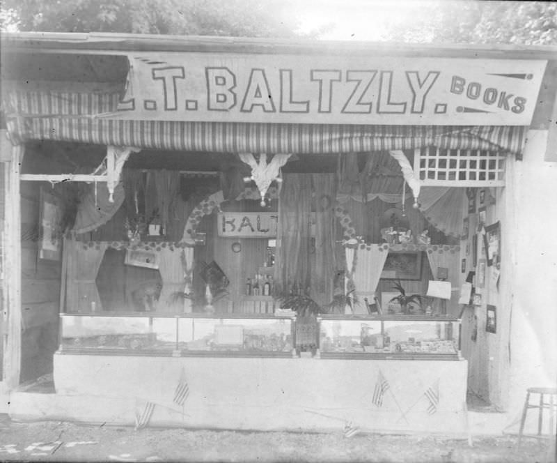 Baltzly Drug booth after fire, 1898
