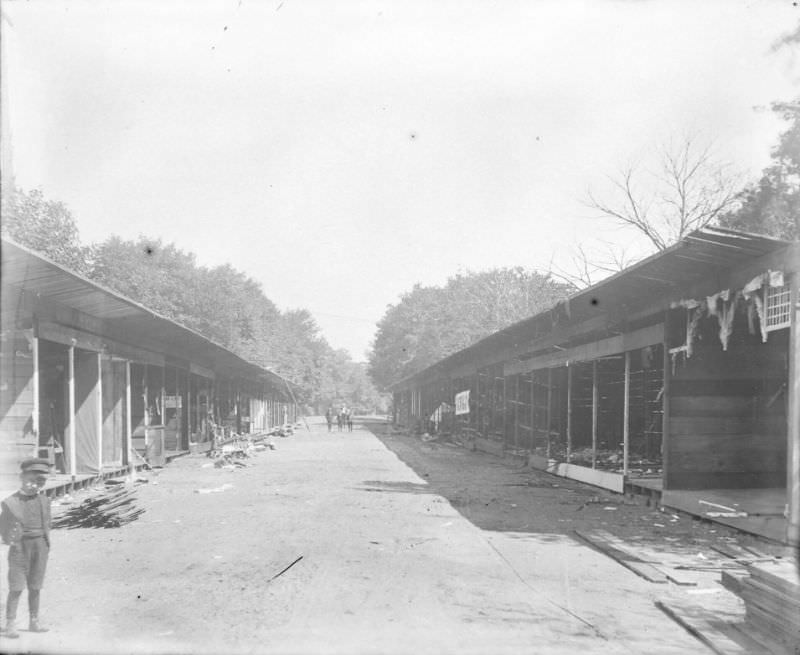 Booths at 1898 Street Fair after fire, 1898