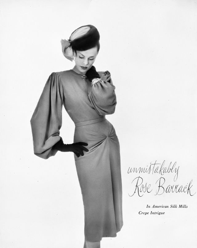Meg Mundy in silk crêpe dress by Rose Barrack, Harper's Bazaar, October 1946