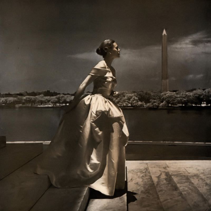 Meg Mundy in beautiful slipper-satin gown by Nettie Rosenstein, Vogue, October 15, 1947