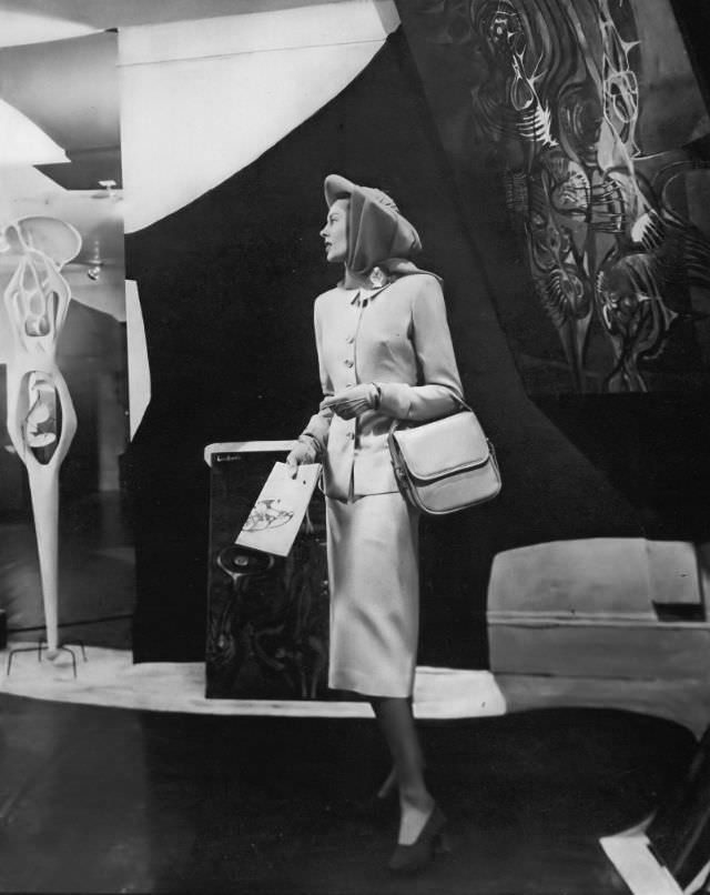 Meg Mundy in beige linen suit-dress, at the Hugo Gallery, New York City, Vogue, April 15, 1947