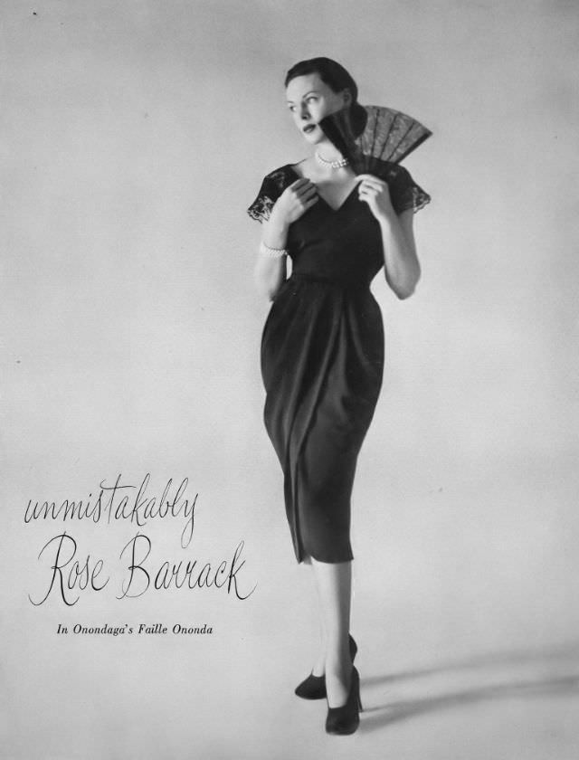 Meg Mundy in black Onandaga faille dress by Rose Barrack, Vogue, February 15, 1947