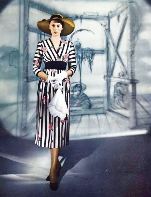 Meg Mundy in satin belted silk dress in a stripe-and-rose pattern at Bergdorf Goodman, Vogue, March 15, 1947