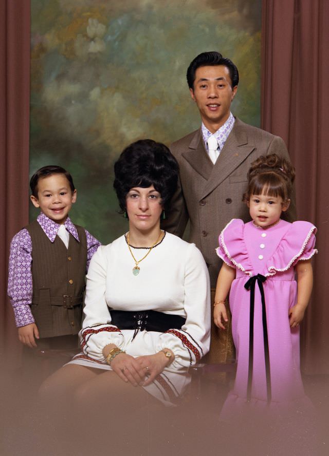 Family portrait of the Jay family. Tim Jay is standing at the back of the arrangement. Patricia is seated and is flanked by her two children, February 15, 1972