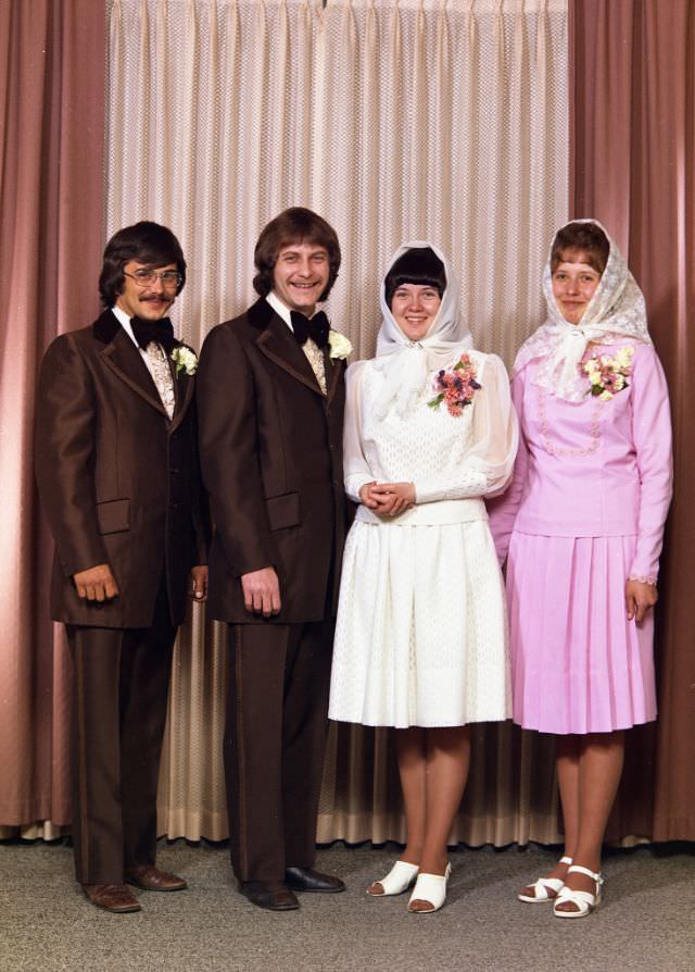 A married Doukhobor couple, Peter and Ann Chutskoff, with best man and maid of honor, April 6, 1974