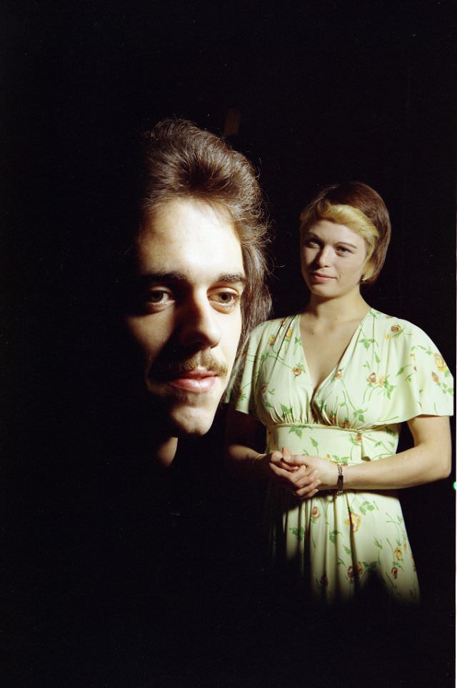 Portrait of a man and a woman with a black background. The photographer used double exposure for this work, which means that the two individuals were photographed separately, November 12, 1974