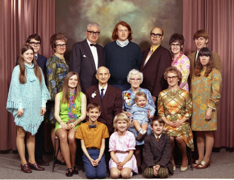 Portrait of a large family of Mr and Mrs E. Johanson who are the two elderly individuals in the two middle seats of the middle row, August 10, 1971