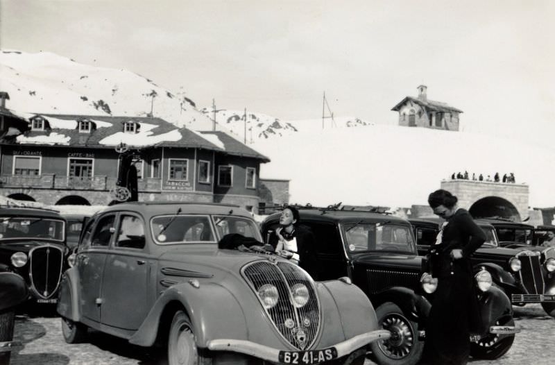 Peugeot 402, parking lot, Sestrière, Italy, March 1938